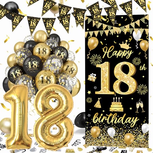 18 Geburtstag Deko Junge Mädchen,Deko 18. Geburtstag Junge Mädchen mit 18 Geburtstag Banner Schwarz Gold,Konfetti 18. Geburtstag Jungen Mädchen mit Luftballons Schwarz Gold für Party Dekorationen von Dargds