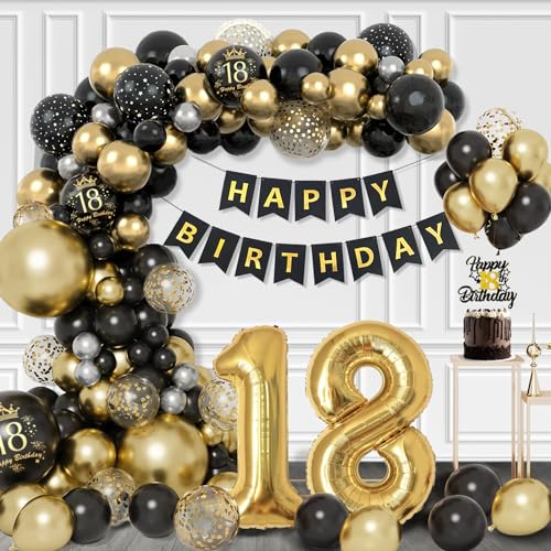 Dargds Deko 18. Geburtstag Junge Mädchen,18 Geburtstag Deko Mädchen Schwarzes Gold,Geburtstagsdeko 18 mit Luftballons 18. Geburtstag, Konfetti Luftballons Schwarzes Gold,Happy Birthday Girlande von Dargds