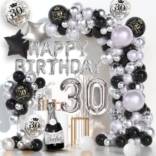 30 Geburtstag Deko Mann Frau Schwarz Silber, Deko 30 Geburtstag Mann Geburtstagsdeko 30 mit Happy Birthday Balloon, Luftballon 30,Silber Konfetti Luftballons für 30 Geburtstag Dekoration Mädchen von Dargds