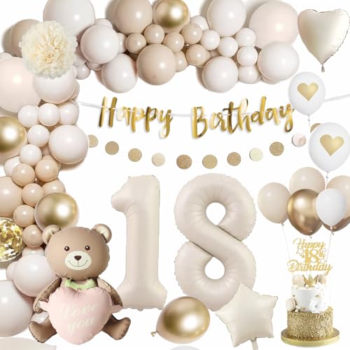 Deko 18. Geburtstag Mädchen Junge, 18 Geburtstag Deko mit Bär Folienballon, Luftballons Beige Gold mit Happy Birthday Banner Girlande, Geburtstagsdeko 18 für 18. Geburtstag Mädchen von Dargds