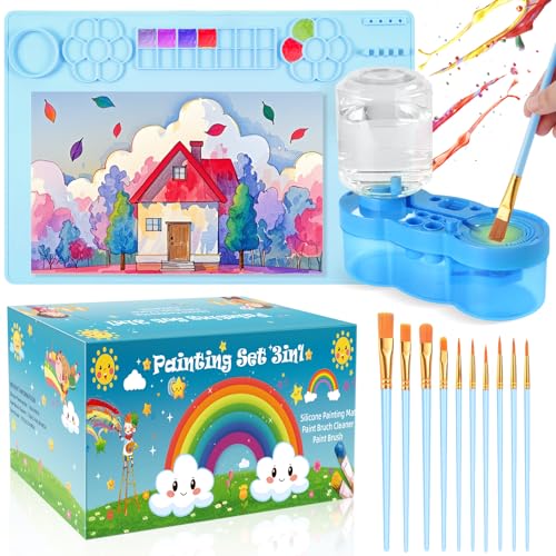 Silikon Malmatten-Set 40x60cm mit Pinselreiniger & 10 hochwertige Pinsel – rutschfest, langlebig für Kinder & Erwachsene, leicht zu reinigen, perfekt für Malprojekte, DIY-Kunst & Kunstateliers (blau) von DarkWish