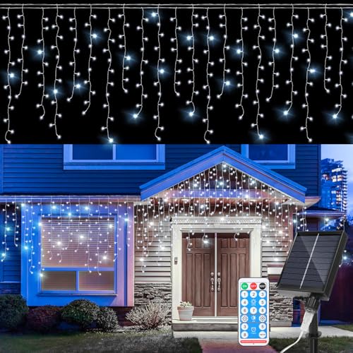 Daromigo Solar Eisregen Lichterkette Außen 10m Kaltweiß 396LEDs lichterketten Eisregen mit batterie & fernbedienung für Terrasse Garten Weihnachten Hochzeit Party Beleuchtung von Daromigo