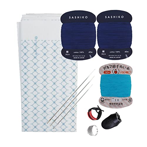 Daruma Hitomezashi Sashiko Kit - Premium Japan Made Needle and Thread Kit with Sashiko Fukin Thread Needles Thimble - Ready to Use Set (Joined Diamond Pattern) von Daruma