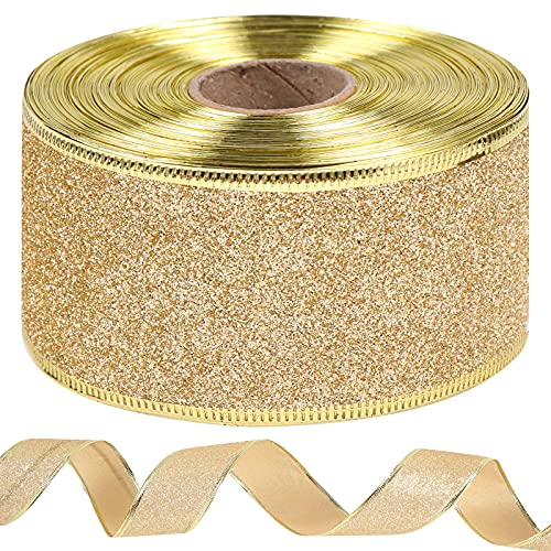 1 Rolle Golden Geschenkband Weihnachten, 25 Yard/22M Glitter Weihnachtsbänder Schleifenband Satinband Dekorative Bastelband für DIY Geschenkverpackungen, Weihnachtsbastel Weihnachtsbaum Dekor von DatingShiny