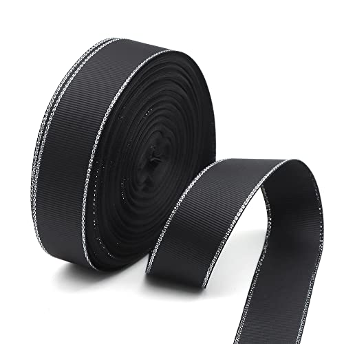 David accessories 22 Yards 2,5 cm massives Ripsband Schleifenband Geschenkband breit für Geschenkverpackungen, Basteln, Haarschleifen, Hochzeitsparty-Dekoration mit silbernen Kanten (schwarz) von David accessories