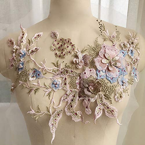 Yzki 3D-Stickerei Perlen Spitze Applique Floral Strass Tüll Patches Besätze Stoff für DIY Ausschnitt Hochzeit Brautkleid Kleidung Stickerei Dekoration (Marca Dragon 2) von Dawwoti