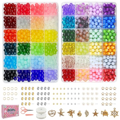 Dayify Glasperlen zur Herstellung von Armbändern, 8 mm, 48 Farben, Kristallperlen für Schmuckherstellung, runde Glasperlen mit Charms für Armbänder und Bastelarbeiten (43 einfarbige Farben und 5 von Dayify