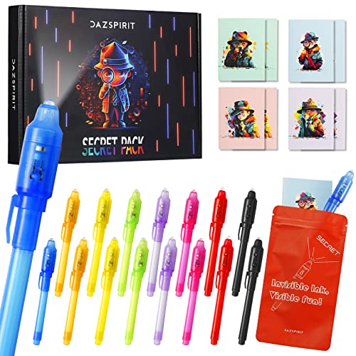 DazSpirit 16 Stück Geheimstift und Notizbuch-Set – Detektiv-Thema Geschenktüten, Zauberstifte mit UV-Licht Partytütenfüller für Jungen und Mädchen, Unsichtbarer Stift Spy Pen zum Mitgebsel Kinder von DazSpirit