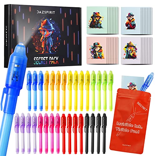 DazSpirit 32 Stück Geheimstift und Notizbuch-Set – Detektiv-Thema Geschenktüten, Zauberstifte mit UV-Licht Partytütenfüller für Jungen und Mädchen, Unsichtbarer Stift Spy Pen zum Mitgebsel Kinder von DazSpirit