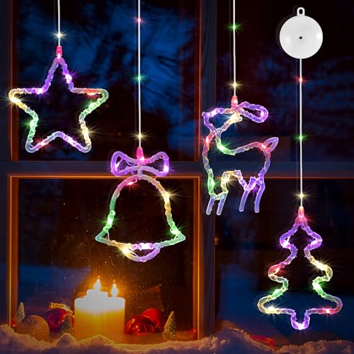 DazSpirit 4 Stück Weihnachtsbeleuchtung Fenster, 13 LEDs Fensterbeleuchtung Weihnachten mit Saugnäpfe, 8 Modi und Auto Timer, Batteriebetriebenes LED Weihnachtsdeko für Fenster, Balkon, Party (Bunt) von DazSpirit