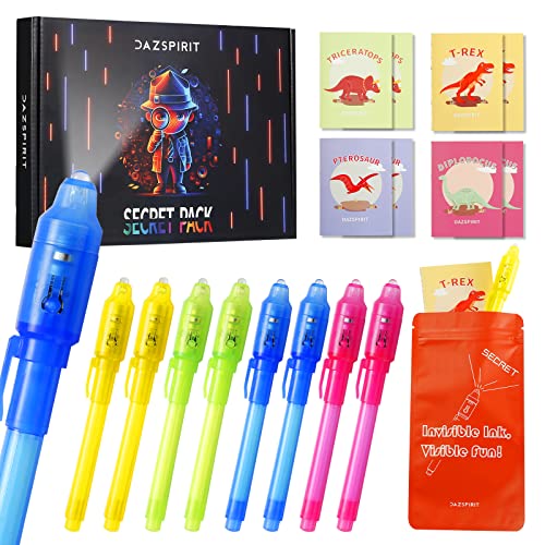 DazSpirit 8 Stück Geheimstift und Notizbuch-Set – Dinosaurier-Thema Geschenktüten, Zauberstifte mit UV-Licht Partytütenfüller für Jungen und Mädchen, Unsichtbarer Stift Spy Pen zum Mitgebsel Kinder von DazSpirit