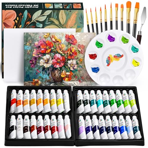 DazSpirit Acrylfarben-Set Mit 36 Farben, Acrylic Paint Set Inkl. Profipinsel, Palette & Leinwände, Lichtecht Acrylfarben Ideal Für Leinwand, Papier Und Stoffe, Ideal Für Künstler, Amateure & Kinder von DazSpirit