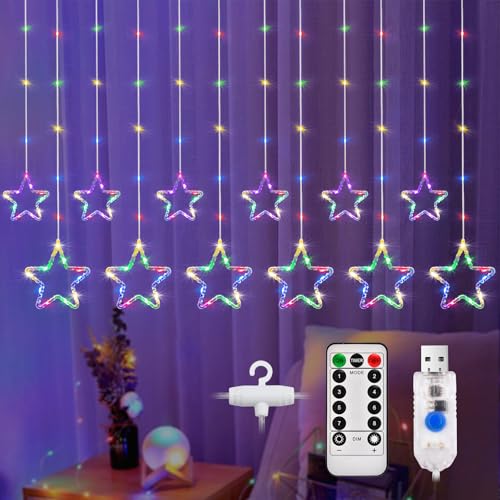 DazSpirit LED Lichterkette mit Sternenvorhang, 12 Sterne, 144 LED Lichterkette Sterne Fenster, Mit Haken, 8 Modi, USB, Timer, Lichtervorhang Sterne Innen für Weihnachten, Party dekoration (Bunt) von DazSpirit