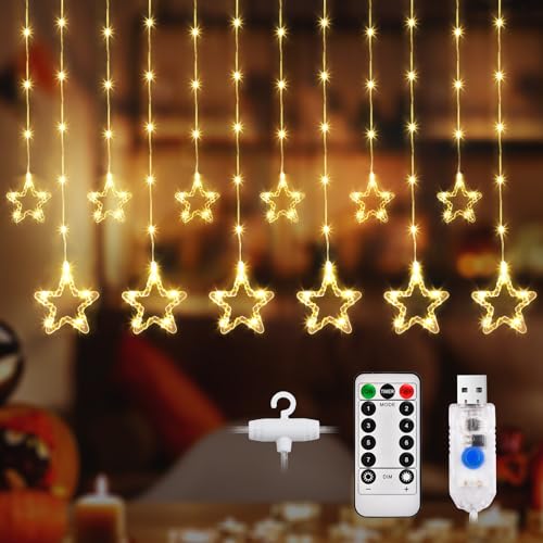 DazSpirit LED Lichterkette mit Sternenvorhang, 12 Sterne, 144 LED Lichterkette Sterne Fenster, Mit Haken, 8 Modi, USB, Timer, Lichtervorhang Sterne Innen für Weihnachten, Party dekoration (Warmweiß) von DazSpirit