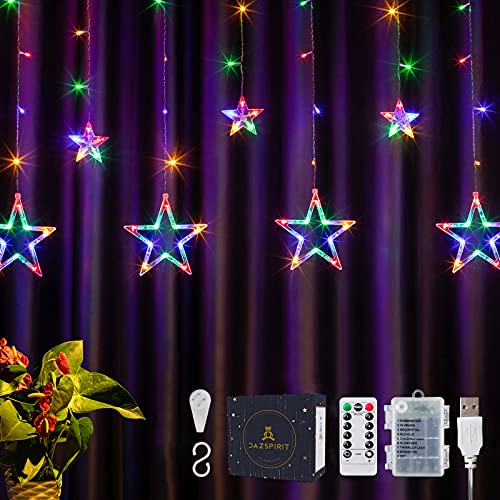 DazSpirit Lichtervorhang Weihnachten Sterne 3,5m, 138 LEDs mit 12 Sterne, Fernbedienung und 20 Haken, Weihnachtsbeleuchtung Innen Fenster, USB oder Batteriebetrieben, 8 Modi, Wasserdicht (Bunt) von DazSpirit
