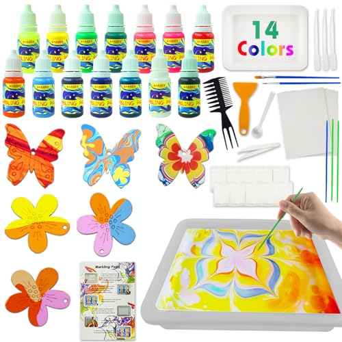 Dazhtu Wassermarmorierfarbe für Kinder,14 Farben Marmorierfarbe Kunst Set, Kunst und Handwerk Bastelsets für Mädchen und Jungen, Marmorierfarbe Marbling Paint Kit Kinder,Geschenke 6+ Jahre von Dazhtu