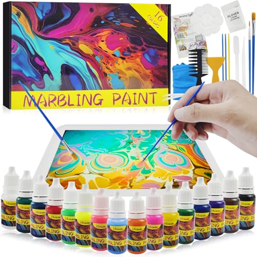 Dazhtu Wassermarmorierfarbe für Kinder 16 Farben Bastelset Kinder, Marmorierfarbe Marbling Paint Kit Kinder, Kunst und Handwerk Bastelsets für Mädchen und Jungen Spielzeug Geschenke 6+ Jahre von Dazhtu