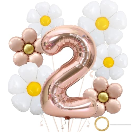 DazzJoy Geburtstagsdeko 2 Jahre Mädchen mit Gänseblümchen Folienballon, Luftballon Deko 2. Geburtstag Mädchen Junge, Folienballon 2 Rosegold für Deko Kindergeburtstag 2 Jahre, Ballon 2 Geburtstag Deko von Dazzjoy