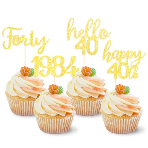 DazzJoy Glitzer Cupcake Topper 40. Geburtstag Männer,24 Stück Tortendeko 40 Geburtstag Frau,Muffin Deko 40 Geburtstag Gold,Happy 40th Birthday Kuchendeko,Torten Deko 40. Geburtstag,1984 Geburtstag von Dazzjoy