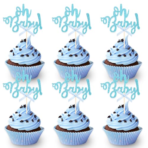 DazzJoy 24 Stück Oh Baby Cupcake Topper,Oh Baby Tortendeko Blau,Glitter Oh Baby Deko Cake Topper,Gender Reveal Party Deko,Torten Deko Babyparty,Baby Shower Deko,Oh Baby Kuchendeko,Cake Topper Baby von Dazzjoy