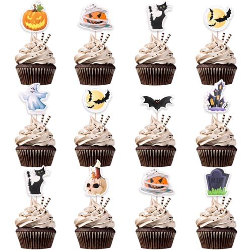 DazzJoy 27 Stück Happy Halloween Cake Toppers,Halloween Tortendeko Ghost,Halloween Deko Torte,Halloween Party Deko Fledermaus,Halloween Cupcake Toppers Grabstein,Halloween Muffin Deko Katze von Dazzjoy