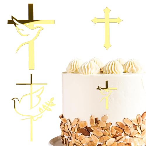 DazzJoy 3 Stück Kreuz Tortendeko Taufe,Cake Topper Taufe,Gold Acryl Torte Deko,Firmung Tortendeko,Konfirmation Tortendeko,Kommunion Tortendeko,Hochzeit,Babyparty von DazzJoy