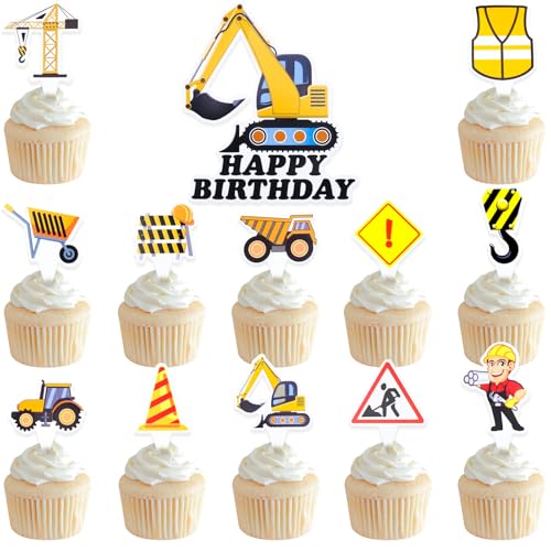 DazzJoy 37 Stück Happy Birthday Tortendeko Baustelle,Bagger Kuchendeko Geburtstag,Baustelle Geburtstag Deko Torten,Traktor Muffin Deko Geburtstag,Happy Birthday Kuchen Deko Geburtstag von Dazzjoy