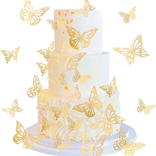 DazzJoy 48 Stück Schmetterling Tortendeko,Gold Schmetterlinge Deko Torte,3D Dreidimensional Schmetterlinge Cupcake Topper,Kuchen Deko Schmetterlinge,Schmetterling Torten Deko Mädchen von Dazzjoy