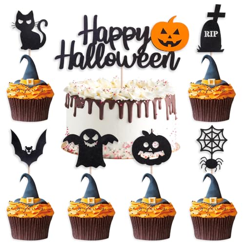 DazzJoy Happy Halloween Cake Topper,Glitzer Halloween Deko,7 Stück Halloween Tortendeko,Fledermaus Muffin Deko,Halloween Cupcake Toppers Grabstein,Halloween Party Deko Ghost,Halloween Kuchendeko von Dazzjoy