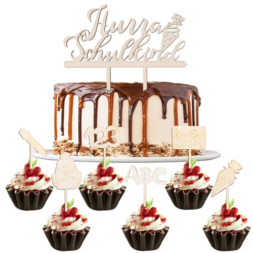 DazzJoy Tortendeko Einschulung Holz, 7 Stück Hurra Schulkind Cake Topper, Schulanfang Deko Einschulung Tortendeko Junge Mädchen, 123 ABC Schulkind 2024 Kuchen Deko, Schuleinführung Party Dekoration von Dazzjoy