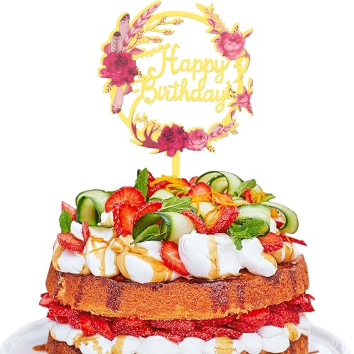 DazzJoy Acryl Happy Birthday Tortendeko,Cake Topper Geburtstag,Blumen Tortendeko Geburtstag,Kuchen Deko Geburtstag,Acryl Kuchendeko Geburtstag von Dazzjoy