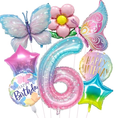 DazzJoy Geburtstagsdeko Mädchen 6 Jahre, Schmetterling Luftballon 6 Jahre Mädchen, Luftballons Geburtstag Mädchen 6 Jahre, Schmetterling Deko Geburtstag 6 Jahre Mädchen, Ballon 6 Geburtstag Mädchen von Dazzjoy