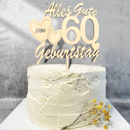 DazzJoy Holz Tortendeko 60 Geburtstag Mann Frau,Alles Gute zum 60 Geburtstag Deko,Cake Topper 60 Geburtstag Männer Frauen,Kuchendeko Geburstag 60 Jahre,Happy 60th Birthday Kuchen Topper von Dazzjoy