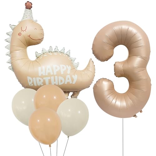 DazzJoy Dino Geburtstagsdeko 3 Jahre Junge, Dino Geburtstag Deko 3 Jahre, Dinosaurier Luftballon Deko 3. Geburtstag Junge Mädchen, Luftballons Geburtstage 3 Jahr Jungen, Creme Folienballon Zahl 3 von Dazzjoy