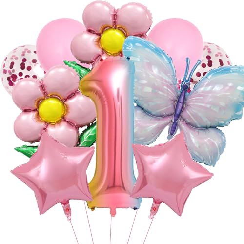 DazzJoy Schmetterlinge Deko 1. Geburtstag Mädchen, Luftballon 1 Geburtstag Mädchen Deko, Schmetterling Geburtstagsdeko 1 Jahr Mädchen, Folienballon Luftballons Geburtstag 1, Erster Geburtstag Mädchen von Dazzjoy