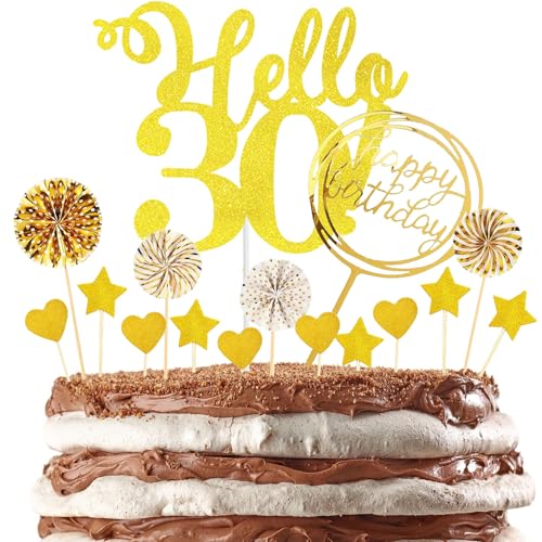 DazzJoy Tortendeko 30 Geburtstag Mann Frau,16 Stück Glitzer Cake Topper 30 Geburtstag Deko Gold,Happy Birthday Kuchendeko 30 Geburtstag,Hello 30. Geburtstag Torten Deko,Geburtstagsdeko 30 Jahre von Dazzjoy