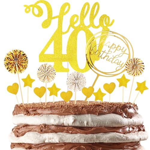 DazzJoy 40 Geburtstag Deko Torte Gold,Tortendeko 40 Geburtstag Frau,Hello 40 Kuchen Deko Geburtstag,Cake Topper 40. Geburtstag Mann,Torten Deko 40. Geburtstag,40. Geburtstag Kuchendeko von Dazzjoy