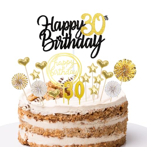 DazzJoy Tortendeko 30 Geburtstag Mann Frau,18 Stück Glitzer Cake Topper 30 Geburtstag Deko,Kuchen Deko Geburtstag 30 Jahre mit Geburtstagskerzen,Kuchendeko Happy 30th Kuchen Topper Schwarz Gold von Dazzjoy