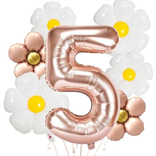 DazzJoy Geburtstagsdeko Mädchen 5 Jahre mit Gänseblümchen Folienballon, Luftballon Geburtstag 5 Jahre Mädchen, Ballon Geburtstag Mädchen 5 Jahre, Riesen Folienballon 5 Rosegold, 5 Geburtstag Mädchen von Dazzjoy