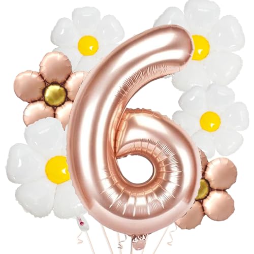 DazzJoy Geburtstagsdeko Mädchen 6 Jahre mit Gänseblümchen Folienballon, Luftballons Geburtstag Mädchen 6 Jahre, Riesen Folienballon 6 Rosegold, Geburtstag 6 Jahre Mädchen, Ballon 6 Geburtstag Mädchen von Dazzjoy