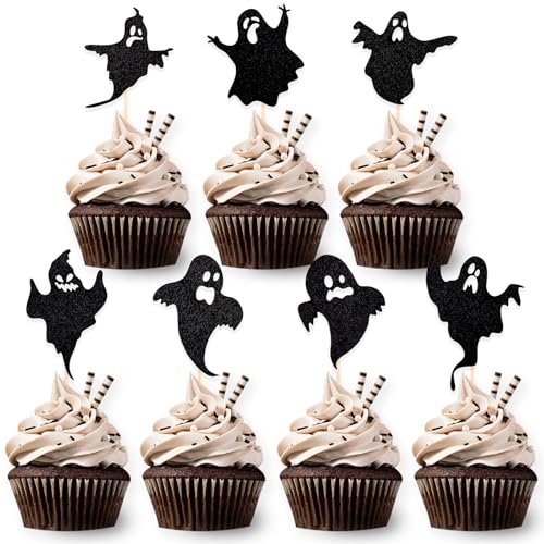 DazzJoy 28 Stück Halloween Cupcake Toppers Ghost,Glitzer Halloween Tortendeko,Halloween Deko Torte,Halloween Party Deko,Halloween Kuchen Deko,Halloween Muffins Deko Schwarz,Halloween Geist Deko von Dazzjoy