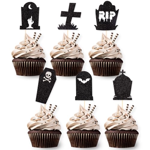 DazzJoy 24 Stück Halloween Cupcake Toppers Grabstein,Glitzer Halloween Deko Torte,Halloween Tortendeko Schwarz,Halloween Muffin Deko,RIP Halloween Kuchen Deko,Halloween Cake Toppers Grabstein von Dazzjoy