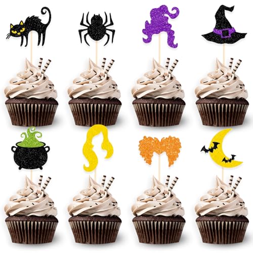 DazzJoy Tortendeko Hexe Geburtstag,24 Stück Halloween Deko Torte,Glitzer Halloween Tortendeko Katze,Hexe Muffins Deko,Halloween Party Deko Fledermaus,Spinne Halloween Cupcake Toppers Geburtstag Party von Dazzjoy