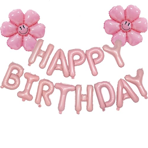 DazzJoy Happy Birthday Ballon Banner Rosa,Gänseblümchen Luftballons Geburtstag Deko,16 Zoll Geburtstagsdeko Luftballon,Happy Birthday Folienballon Girlande,für Geburtstag Partydeko Mädchen und Frauen von DazzJoy