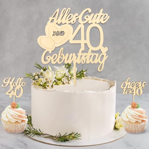 DazzJoy Holz Tortendeko 40 Geburtstag Frau Mann,3 Stück Cake Topper 40 Geburtstag Deko,Alles Gute zum 40 Geburtstag,40. Geburtstag Deko,Kuchendeko 40. Geburtstag Frauen,Torten Deko 40. Geburtstag von Dazzjoy