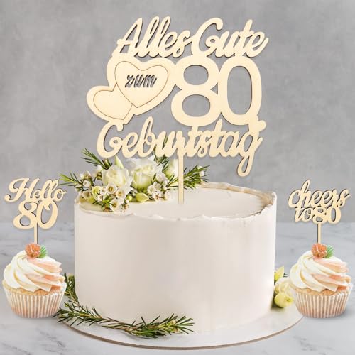 DazzJoy Holz Tortendeko 80 Geburtstag Frau Mann,80 Geburtstag Deko Torte,Alles Gute zum 80 Geburtstag,Cake Topper 80. Geburtstag Frau,Torten Deko 80 Geburtstag,Kuchendeko Geburtstag 80 Jahre von Dazzjoy