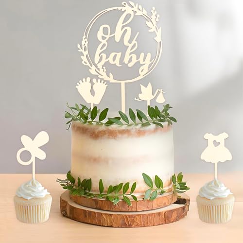 DazzJoy Oh Baby Cake Topper Holz, 5 Stück Oh Baby Torten Deko, Babyparty Tortendeko, Oh Baby Kuchendeko, Gender Reveal Party Deko, Tortendeko Baby, Oh Baby Kuchen Deko für Baby Shower Taufe von DazzJoy