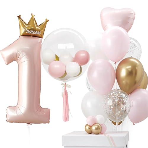 DazzJoy Geburtstagsdeko 1 Jahr Mädchen, Rosa Luftballon Deko 1. Geburtstag Mädchen Junge, Herz Folienballon 1 Jahr Geburtstag Mädchen, Erster Geburtstag Mädchen, Helium Ballon 1 Geburtstag Mädchen von Dazzjoy