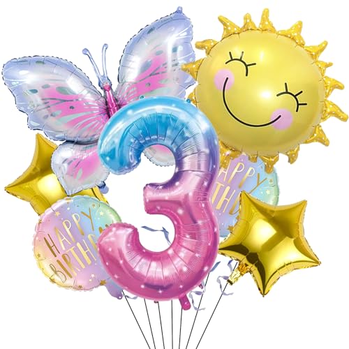 Sonne Schmetterling Folienballon 3 Jahre Geburtstag Deko,Schmetterlinge Geburtstagsdeko 3 Jahre Mädchen,Schmetterling Deko Luftballon 3. Geburtstag,Kindergeburtstag Deko für Schmetterling Themen Party von DazzJoy