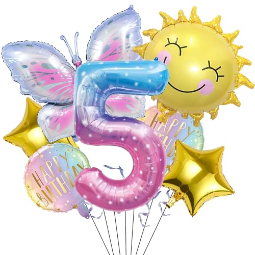 Sonne Schmetterling Folienballon 5 Jahre Geburtstag Deko,Schmetterlinge Geburtstagsdeko 5 Jahre Mädchen,Schmetterling Deko Luftballon 5. Geburtstag,Kindergeburtstag Deko für Schmetterling Themen Party von DazzJoy